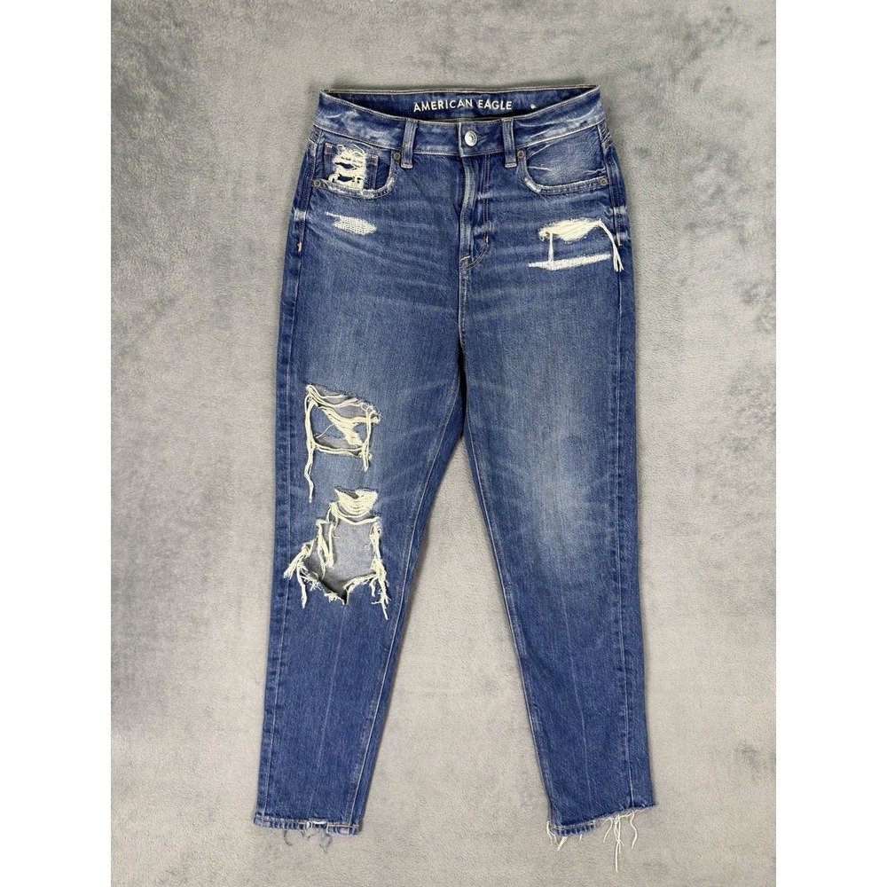 American Eagle Jeans Womens 0 Blue Mom‎ Medium Wash High Rise Distressed Denim
